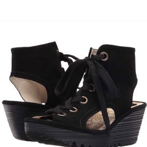 Fly London Yaba lace up wedge. Black suede in excellent condition.